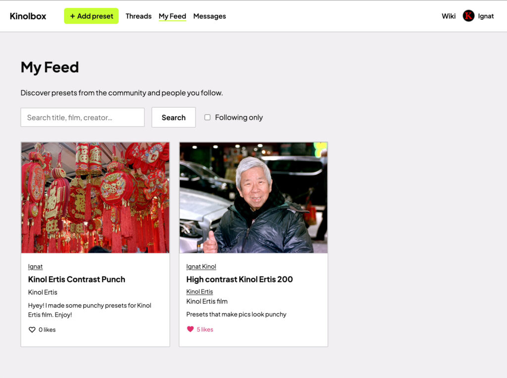 kinolbox.com - create presets and share them online